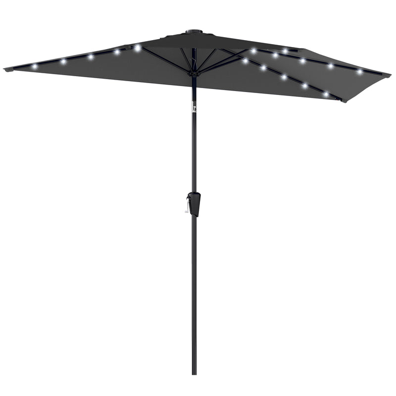 Outsunny - Half Outdoor Patio Umbrella with Solar LED Lights Half Umbrella with Crank 105.1" x 53.5" Black