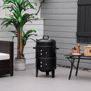 Outsunny - 3-in-1 Vertical Charcoal BBQ Smoker, 16" Round Barbecue Grill with 2 Cooking Areas and Thermometer, Black