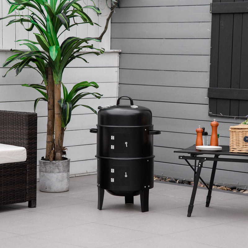 Outsunny - 3-in-1 Vertical Charcoal BBQ Smoker, 16" Round Barbecue Grill with 2 Cooking Areas and Thermometer, Black