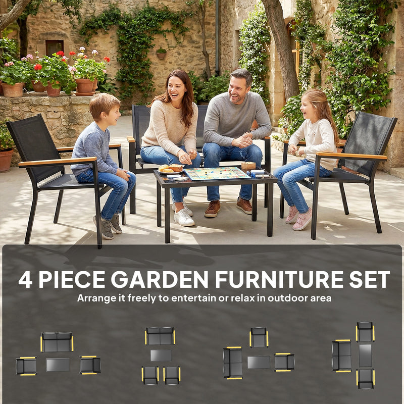 Outsunny - Outdoor 4 Piece Set Patio Furniture with Sofa, Tempered Glass Tabletop for Garden Backyard Porch, Black