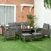 Outsunny - 6-Piece Outdoor Patio Furniture Set with Chairs, Ottomans, Sofa, Glass Top Coffee Table and Cushions, Wicker Rattan Conversation Set for Backyard and Porch, Grey