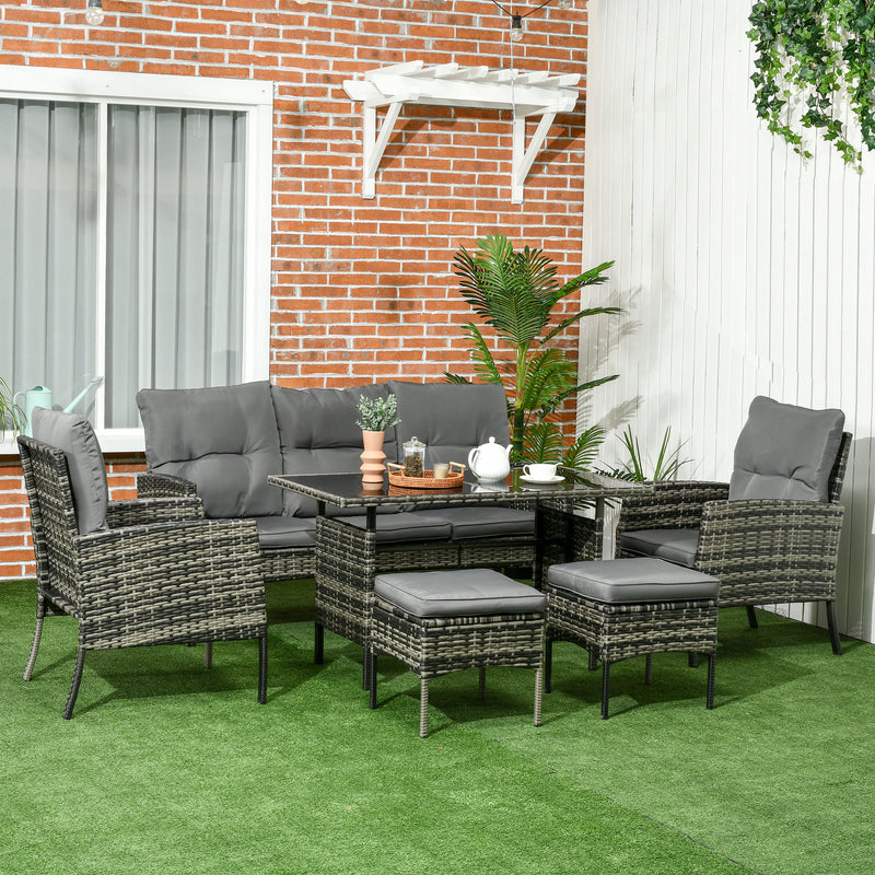 Outsunny - 6-Piece Outdoor Patio Furniture Set with Chairs, Ottomans, Sofa, Glass Top Coffee Table and Cushions, Wicker Rattan Conversation Set for Backyard and Porch, Grey