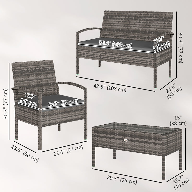 Outsunny - 4 Pieces Patio Furniture Set with A Loveseat, Two Armchairs and A Coffee Table, Outdoor Conversation Set, Dark Grey