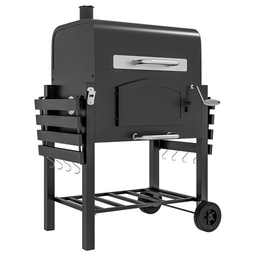Outsunny - Charcoal Smoker Adjustable Height, Folding Shelves, Thermometer, and Wheels, Black