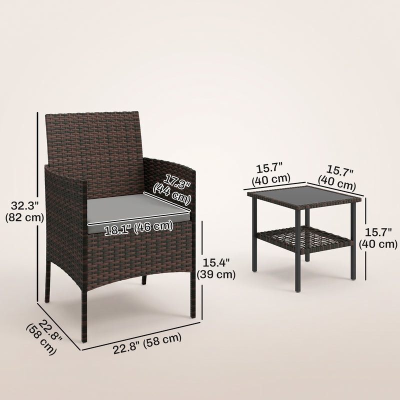 Outsunny - Wicker Bistro Set, 3 Piece Patio Furniture Set with 2-Tier Glass Top Table, Cushions for Balcony, Porch, Dark Grey