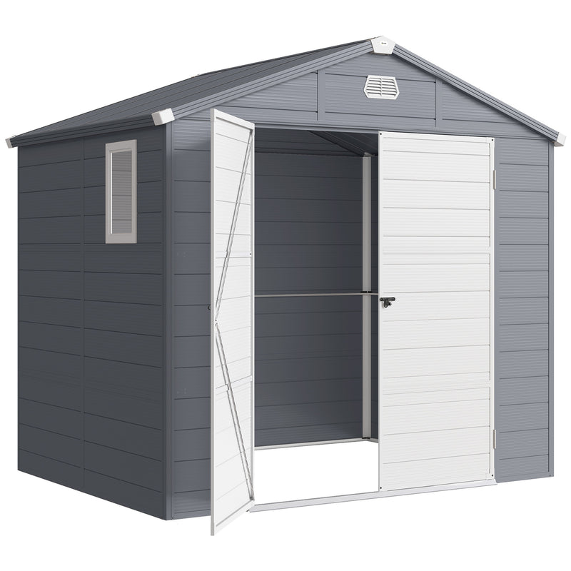 8' x 6' PP Garden Storage Shed with Latch Door, Vents, Window, Sloped Roof, Dark Grey