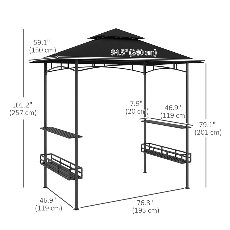 Outsunny - 8' x 5' Barbecue Gazebo, 2-Tier BBQ Gazebo with 2 Side Shelves, Storage Basket, Hanging Hooks, Dark Grey