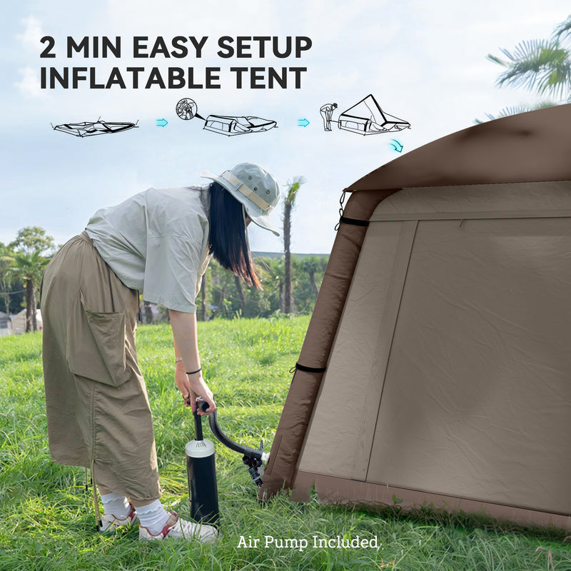 Outsunny - Inflatable Camping Tent, 1-2 Person Glamping Tent with Hand Pump, Blow Up Tent with Doors, Carry Bag, Khaki and Brown