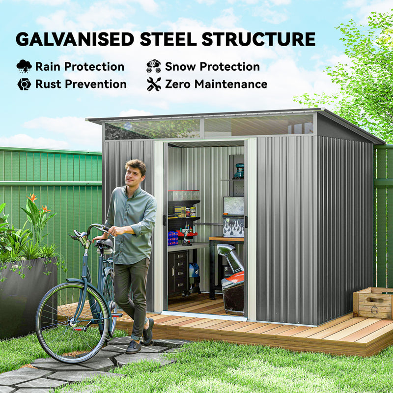 9' x 6.5' Outdoor Metal Garden Shed Utility Tool Storage Steel Backyard Storage House, Light Grey