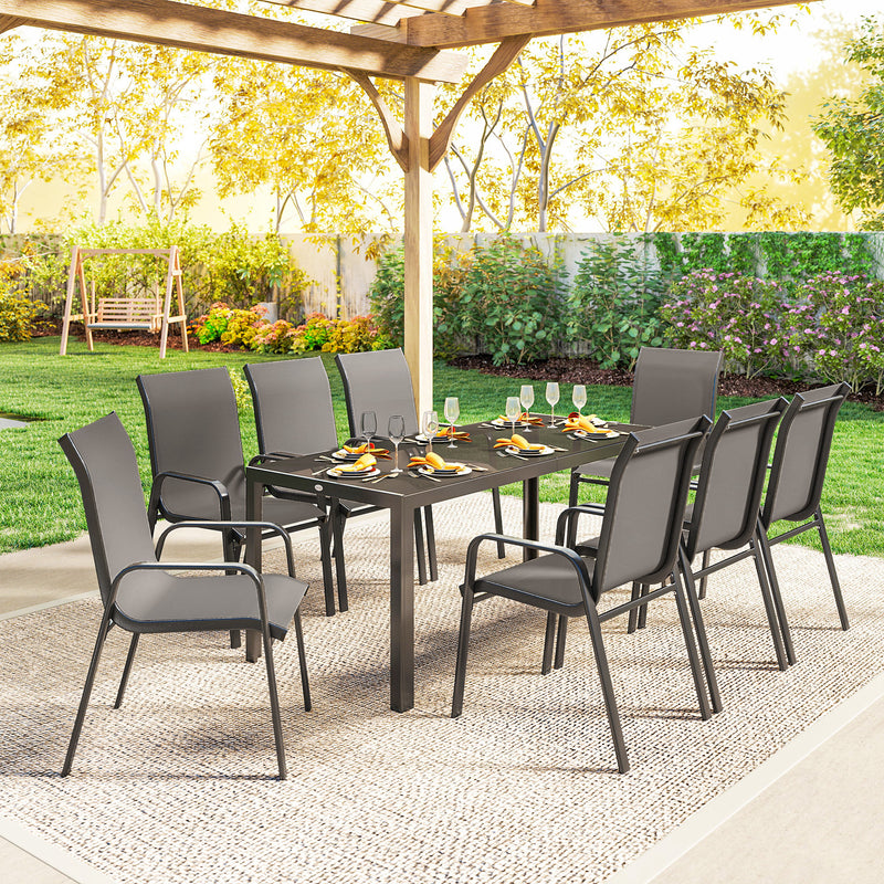 Outsunny - Outdoor Dining Sets for 8 with Stackable Chairs, Patio Dining Set with Glass Top Table for Garden, Patio, Backyard, Dark Grey