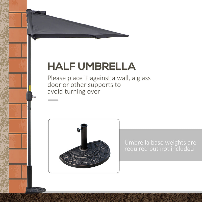 Outsunny - 9.8ft Half Umbrella Semi Round Patio Parasol with Crank Handle, Top Vent for Garden, Balcony - NO BASE INCLUDED, Grey — 84D-008GY
