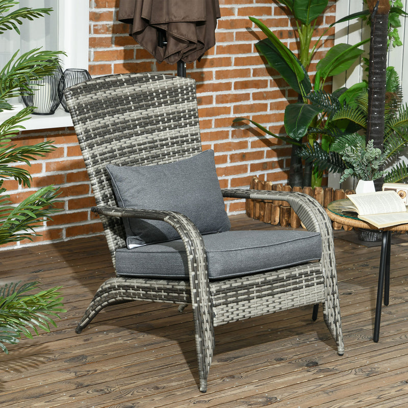 Outsunny - Patio Wicker Adirondack Chair, Outdoor PE Rattan Fire Pit Chair, Muskoka Chair w/ Soft Cushions, Tall Curved Backrest and Comfortable Armrests for Deck Garden, Grey