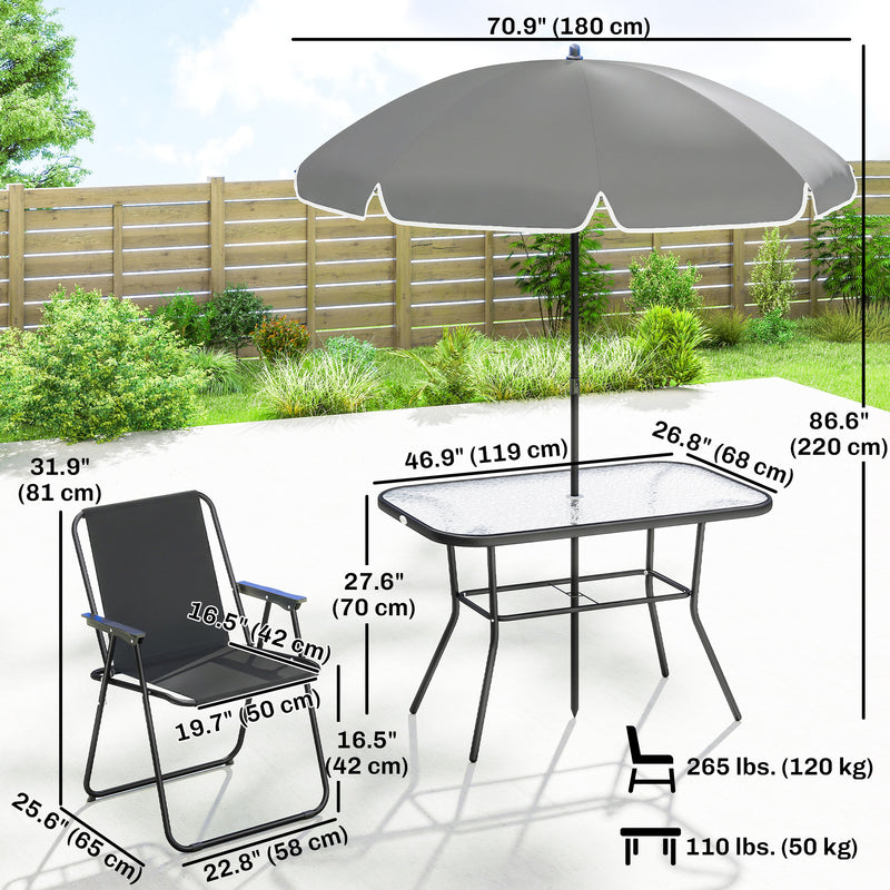 Outsunny - 8 Piece Patio Table and Chairs Set with Folding Chairs, Tempered Glass Tabletop and Umbrella for Garden, Black