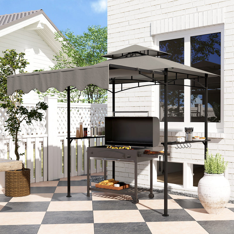 Outsunny - 8' x 7.6' Grill Gazebo, Double Tiered Barbecue Grill Gazebo Shelter w/ Side Awning, 2 Side Shelves, 6 Hooks, Light Grey