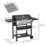 Outsunny - 40,000 BTU Propane Gas Grill BBQ Cart with 4 Main Burners, 1 Side Burner, with Warming Rack, Side Prep Tables, Black