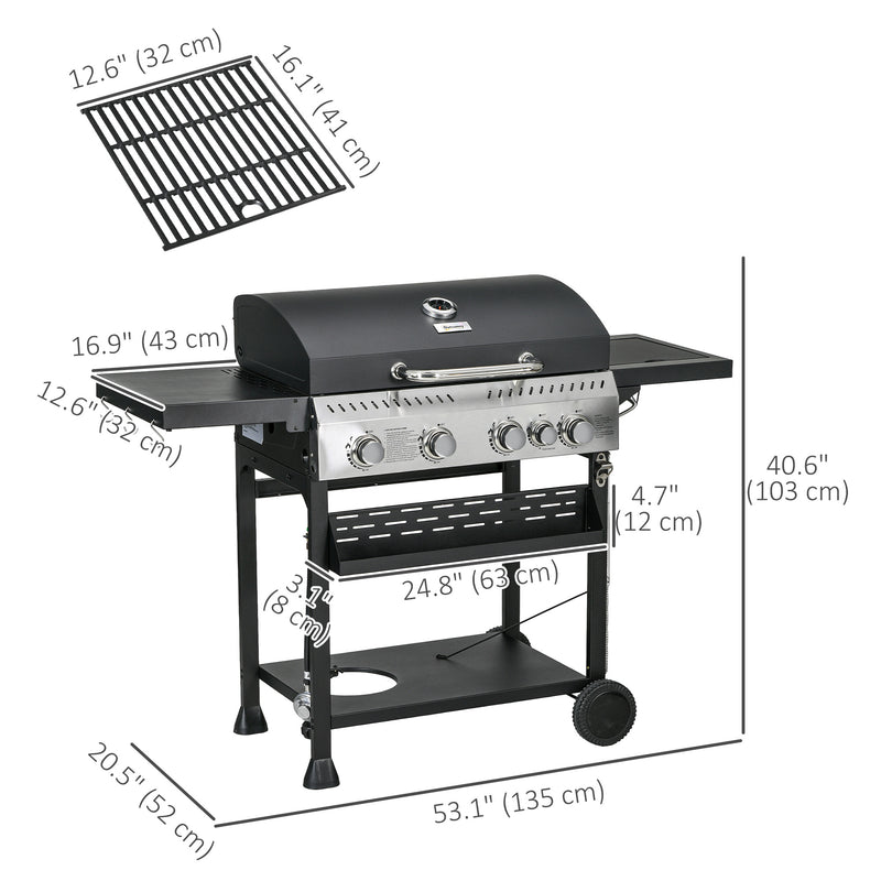 Outsunny - 40,000 BTU Propane Gas Grill BBQ Cart with 4 Main Burners, 1 Side Burner, with Warming Rack, Side Prep Tables, Black