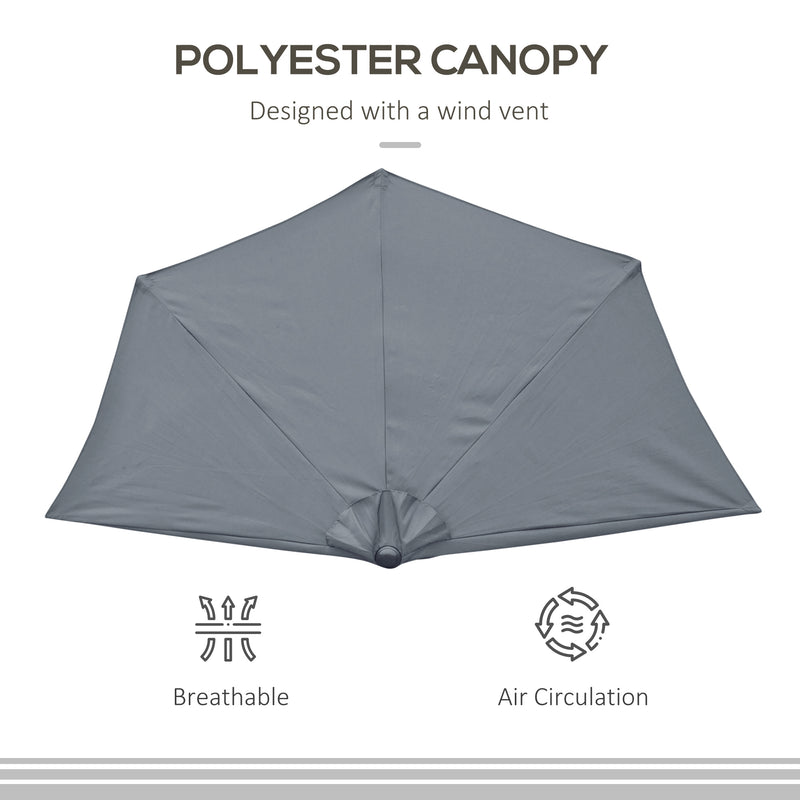9ft Half Round Patio Umbrella, Outdoor Market Patio Table Umbrella Parasol with Crank Mechanism, 5 Ribs, Grey