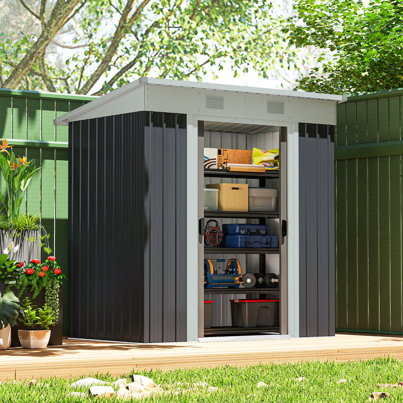 6' x 4' Outdoor Storage Shed, Metal Garden Tool Storage House Organizer with Lockable Sliding Doors and Vents for Backyard Patio Lawn, Charcoal Grey