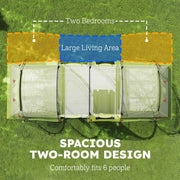 Outsunny - 6 Person Camping Tent with Porch, Large Family Tent with 2 Bedroom and Living Room, Light Green