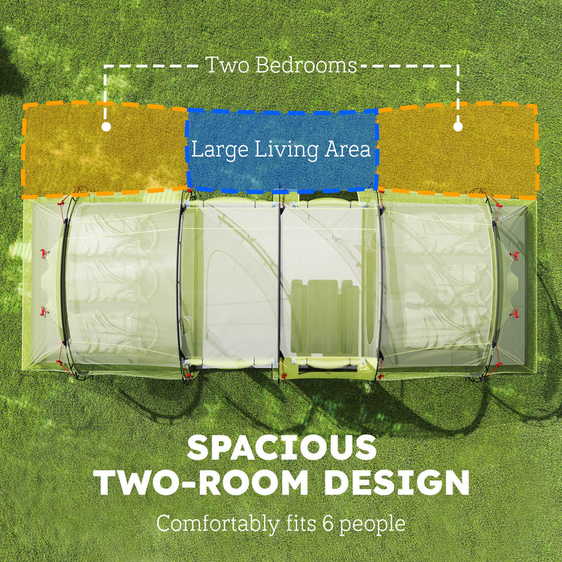 Outsunny - 6 Person Camping Tent with Porch, Large Family Tent with 2 Bedroom and Living Room, Light Green