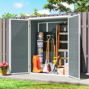 Outdoor 4.4' x 2.3' Plastic Storage Shed with Lockable Doors and Foldable Shelves, Wood-Effect Garden Shed, Grey