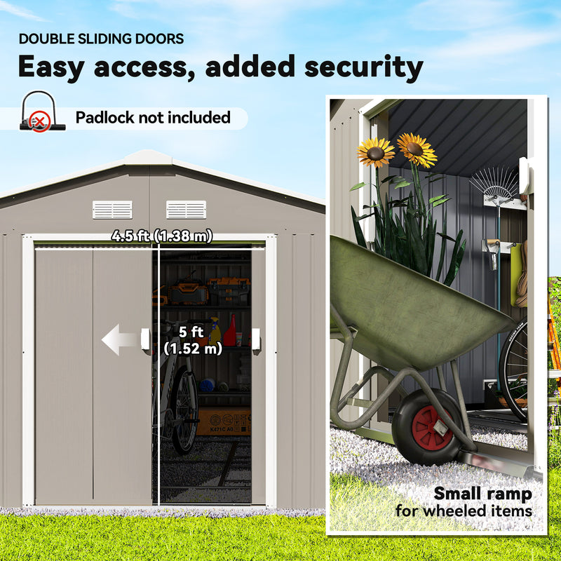 11' x 13' Practical Backyard Garden Storage Tool Shed Double Sliding Door 4 Ventilation Slots, Light Grey