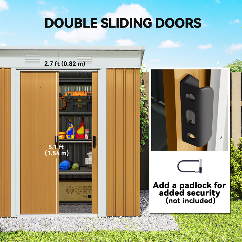 6' x 4' Outdoor Storage Shed, Metal Garden Shed with Lockable Sliding Doors and Vents, Yellow
