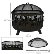 Outsunny - Outdoor Metal Fire Pit, 24" Round Firepit Bowl w/ Lid Grill Poker Handles for Garden, Camping, BBQ, Bonfire, Black