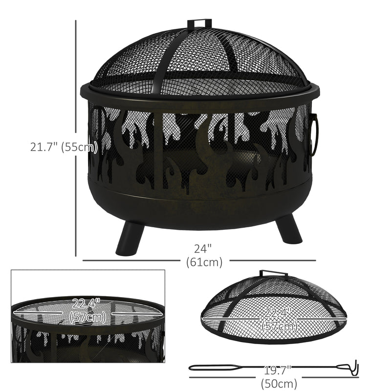 Outsunny - Outdoor Metal Fire Pit, 24" Round Firepit Bowl w/ Lid Grill Poker Handles for Garden, Camping, BBQ, Bonfire, Black