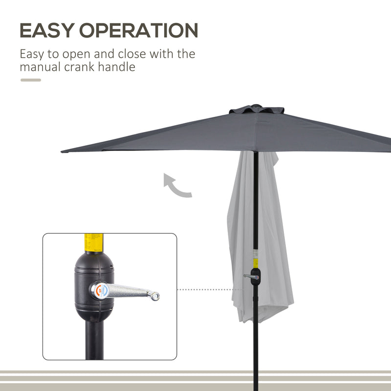 Outsunny - 9.8ft Half Umbrella Semi Round Patio Parasol with Crank Handle, Top Vent for Garden, Balcony - NO BASE INCLUDED, Grey — 84D-008GY