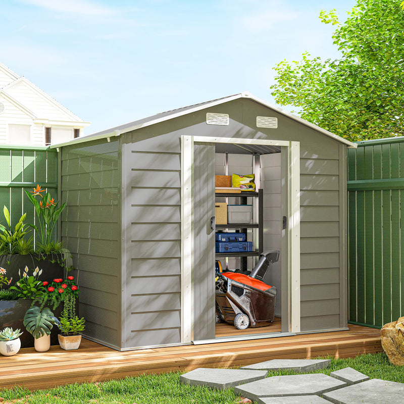 7.7' x 6.5' Outdoor Metal Garden Shed House Hut Gardening Tool Storage with Ventilation, Light Grey