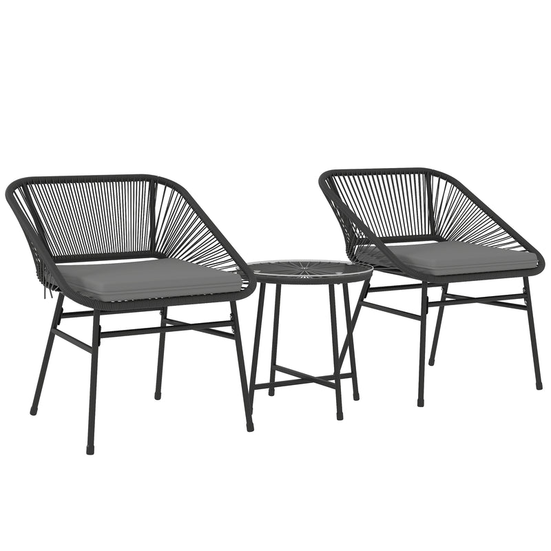 Outsunny - 3 Piece Bistro Set, Wicker Outdoor Patio Furniture Set with Glass Top Table, Cushions for Balcony, Porch, Black