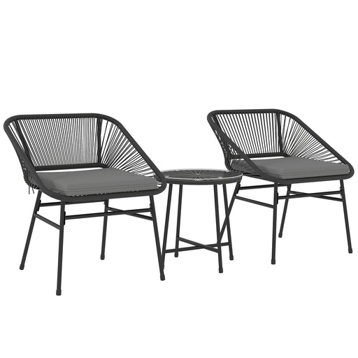 Outsunny - 3 Piece Bistro Set, Wicker Outdoor Patio Furniture Set with Glass Top Table, Cushions for Balcony, Porch, Black
