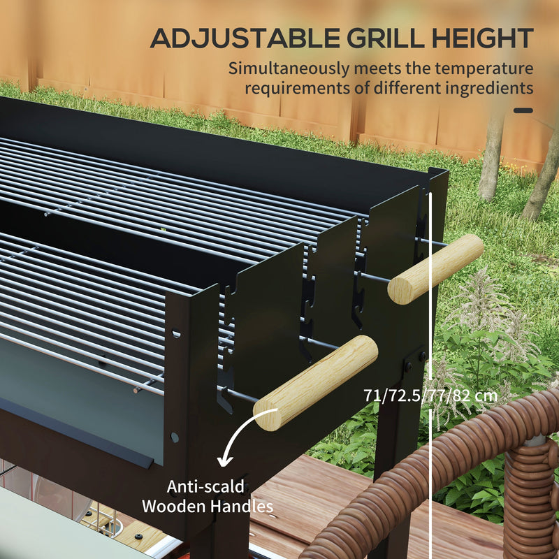 Outsunny - Charcoal Grill,Barbecue Trolley with Double Adjustable Grill, Side Table, Storage Shelf and Wheels, Black