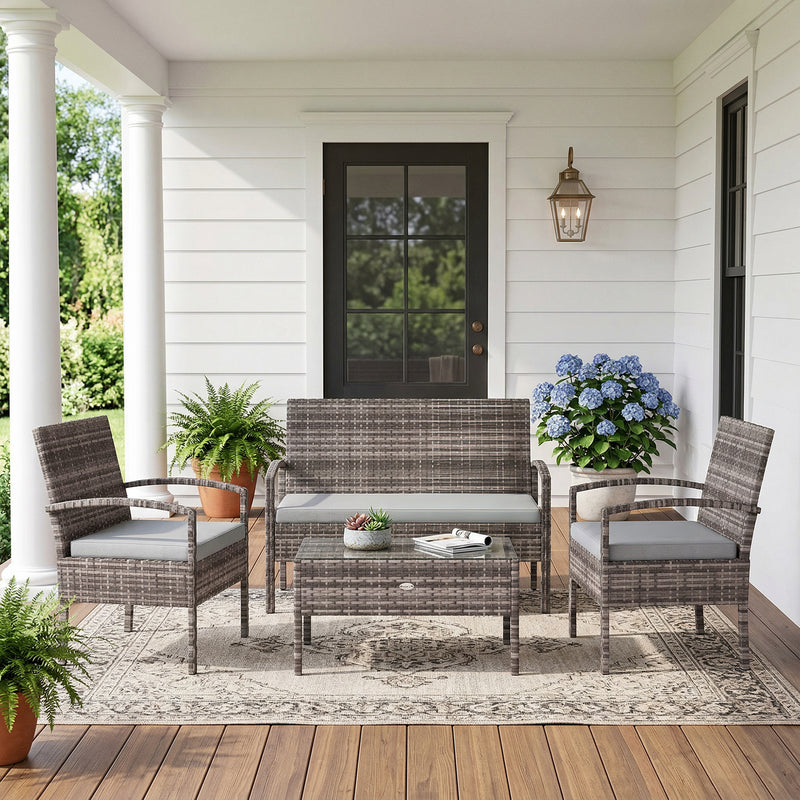 Outsunny - 4 Pieces Patio Furniture Set with A Loveseat, Two Armchairs and A Coffee Table, Outdoor Conversation Set, Light Grey