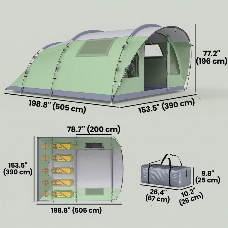 Outsunny - Multi-Room Camping Tent for 5 Person, Easy Set up Large Family Tent with 4 Windows, Porch, Light Green