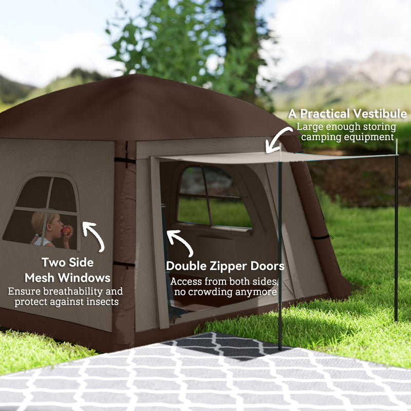 Outsunny - Inflatable Camping Tent, 1-2 Person Glamping Tent with Hand Pump, Blow Up Tent with Doors, Carry Bag, Khaki and Brown