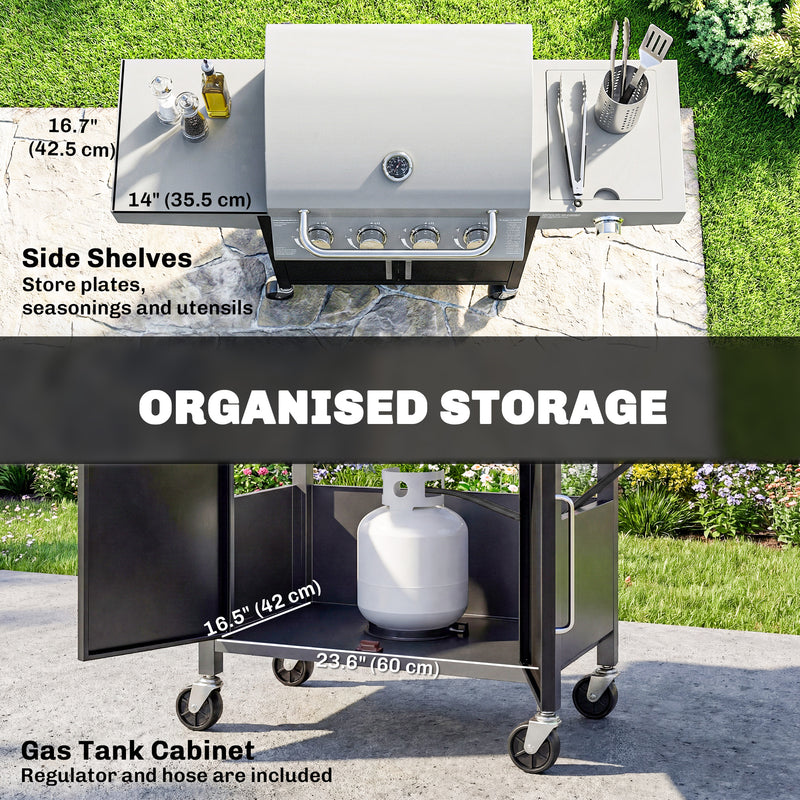 Outsunny - 4+1 Burner Liquid Propane Gas Grill, Outdoor Portable BBQ Grill with Side Burner, Warming Rack, Side Shelf