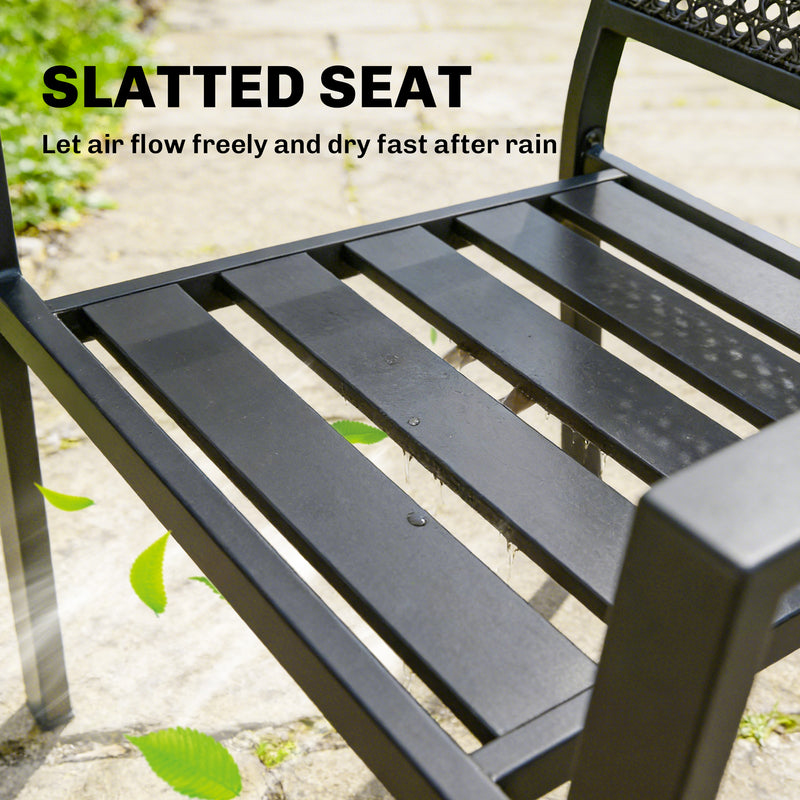 Outsunny - Stackable Patio Chairs Set of 2, Outdoor Dining Chairs with Faux Wicker Steel Mesh Back, Slatted Seat, Armrests, Black