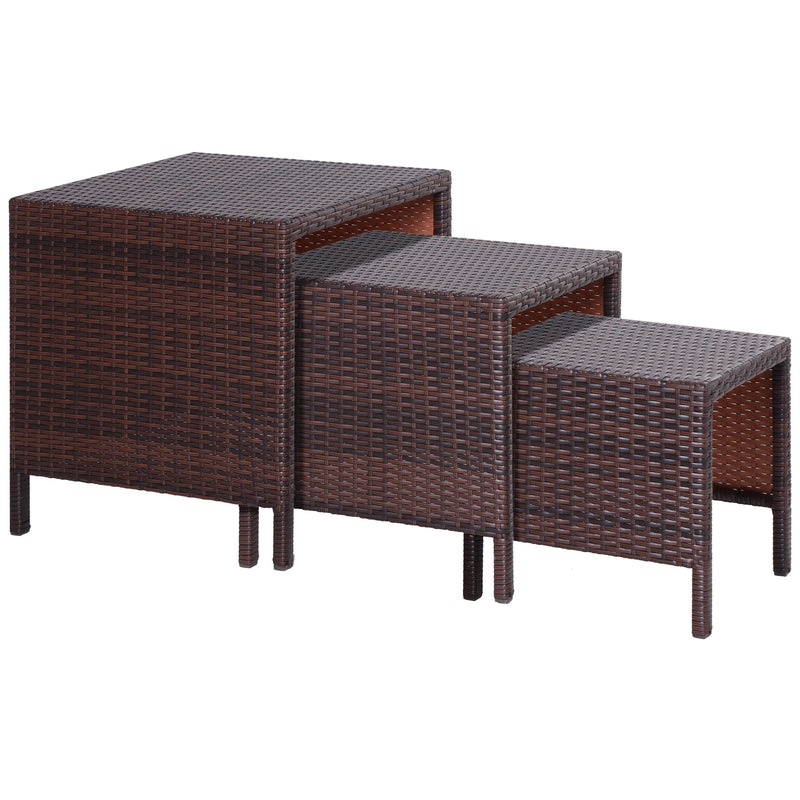 Outsunny - Set of 3 Wicker Nesting Tables Patio Rattan Snack End Side Tables Hand Woven All Weather Garden Outdoor Home Furniture Brown