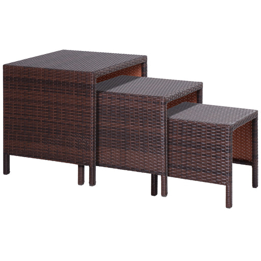 Outsunny - Set of 3 Wicker Nesting Tables Patio Rattan Snack End Side Tables Hand Woven All Weather Garden Outdoor Home Furniture Brown