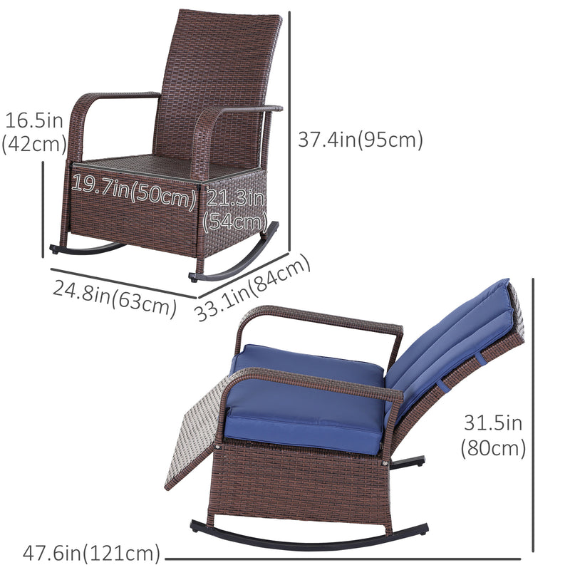 Outsunny - Outdoor Wicker Rocking Chair with Cushion, Patio PE Rattan Recliner Chair with Adjustable Footrest, Armrests, Dark Blue