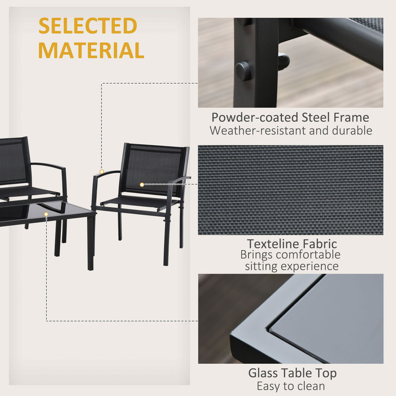 Outsunny - 4-Piece Patio Furniture Set with Glass Top Coffee Table, Breathable Mesh Seat & Backrest for Garden, Balcony, Black