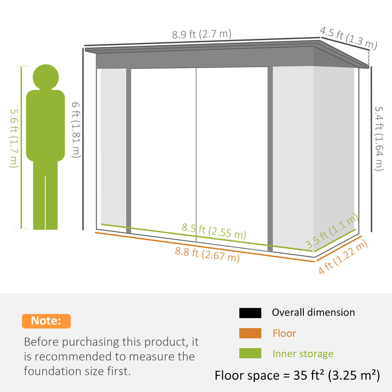 9' x 4' Galvanized Steel Garden Storage Shed with Lockable Doors, Gloves and 2 Air Vents for Backyard, Patio, Lawn