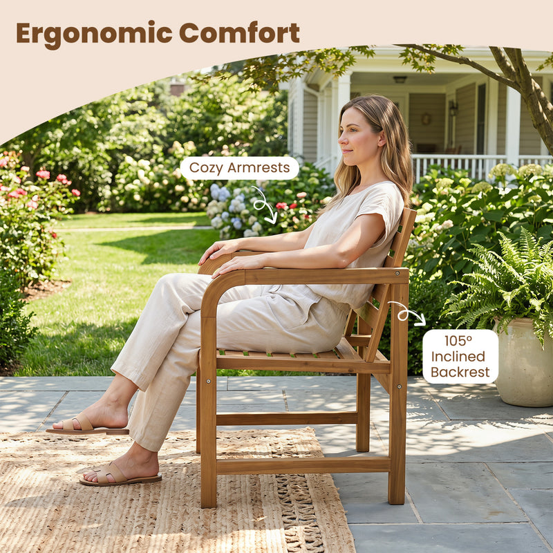 Costway - Natural Wood Patio Armchair with Slanted Back and Slatted Seat