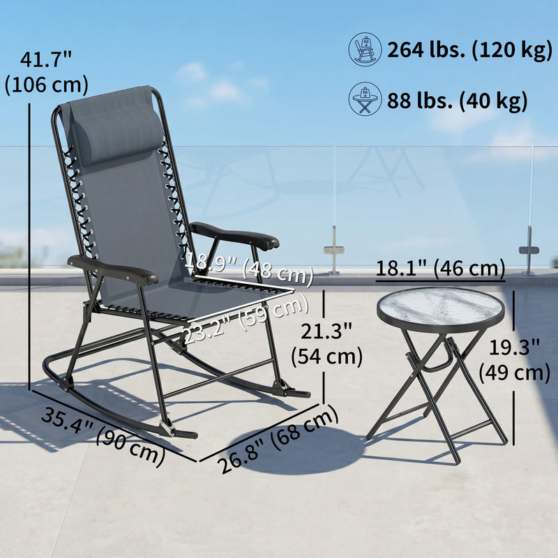 Outsunny - 3pc Patio Rocking Chair Set, Folding Outdoor Rocking Chairs and Table Bistro Set w/ Breathable Mesh Seat & Backrest, Headrest for Park, Backyard, Garden, Grey