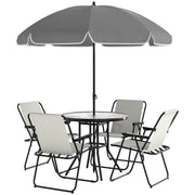 Outsunny - 6 Pieces Patio Dining Set with Umbrella, Patio Furniture Set with Folding Chairs, Glass Table for Garden Backyard, Cream White
