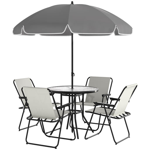 Outsunny - 6 Pieces Patio Dining Set with Umbrella, Patio Furniture Set with Folding Chairs, Glass Table for Garden Backyard, Cream White