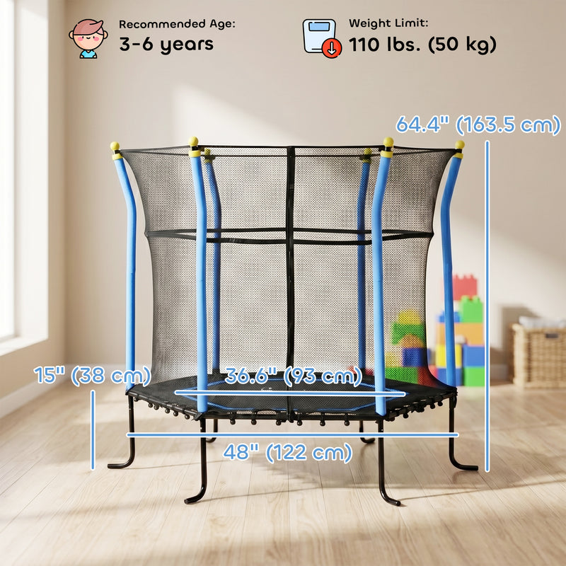 Soozier 63" Kids Trampoline Mini Indoor Bouncer Jumper with Enclosure Net Elastic Thick Padded Pole Gift for Child Toddler Age 3-6 Years Old Blue
