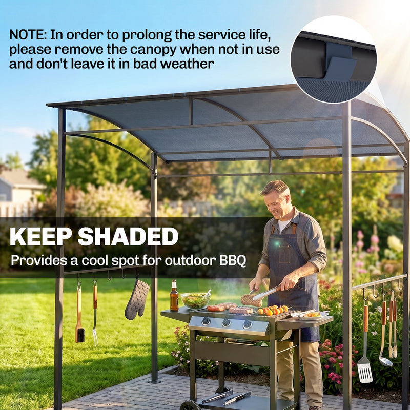 Outsunny - 7' x 5' BBQ Grill Gazebo Tent, Garden Grill Canopy with Steel Frame and Hooks, Outdoor Sun Shade, Grey